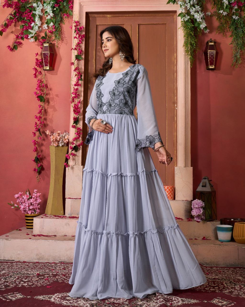 Light Grey Georgette Embroidered A-line Gown - Yashodhara Lifestyle