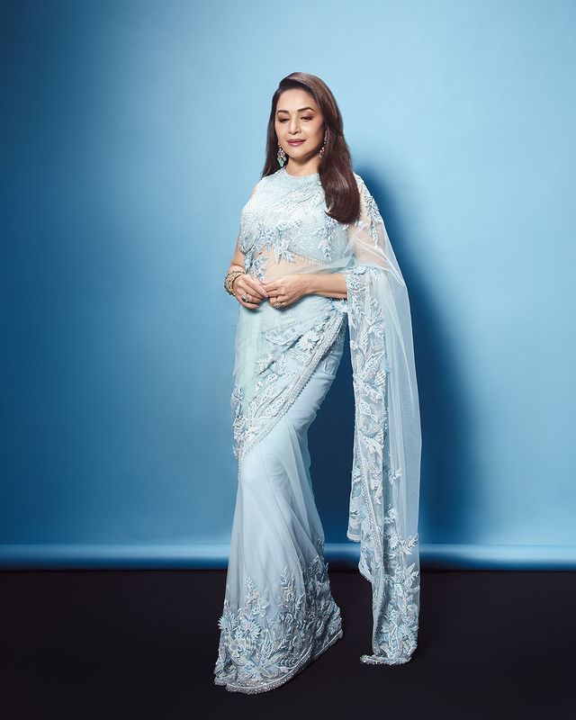 Madhuri Dixit Bollywood Inspired Sequins Butterfly Mono Net Saree - Sky blue - Yashodhara Lifestyle