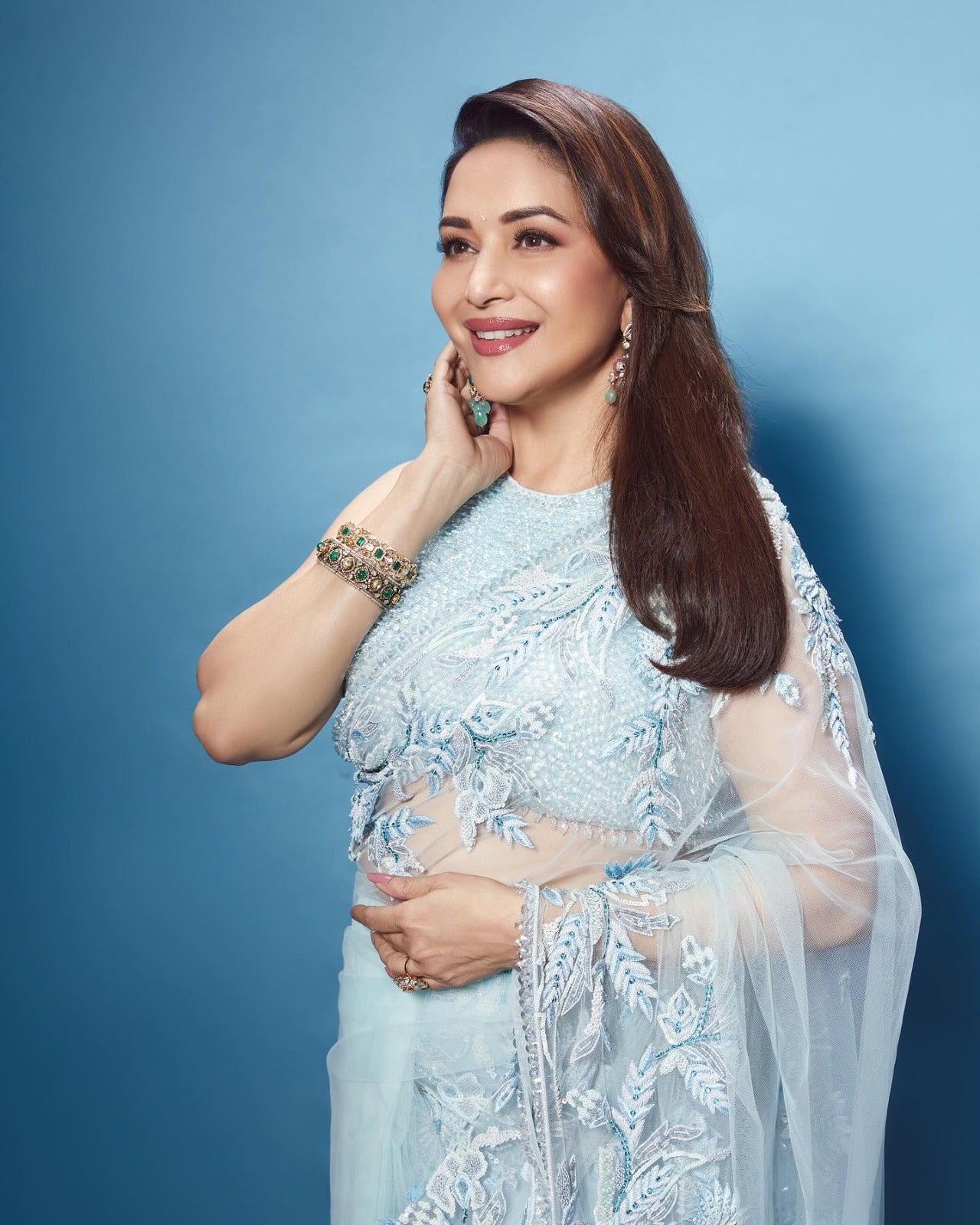 Madhuri Dixit Bollywood Inspired Sequins Butterfly Mono Net Saree - Sky blue - Yashodhara Lifestyle