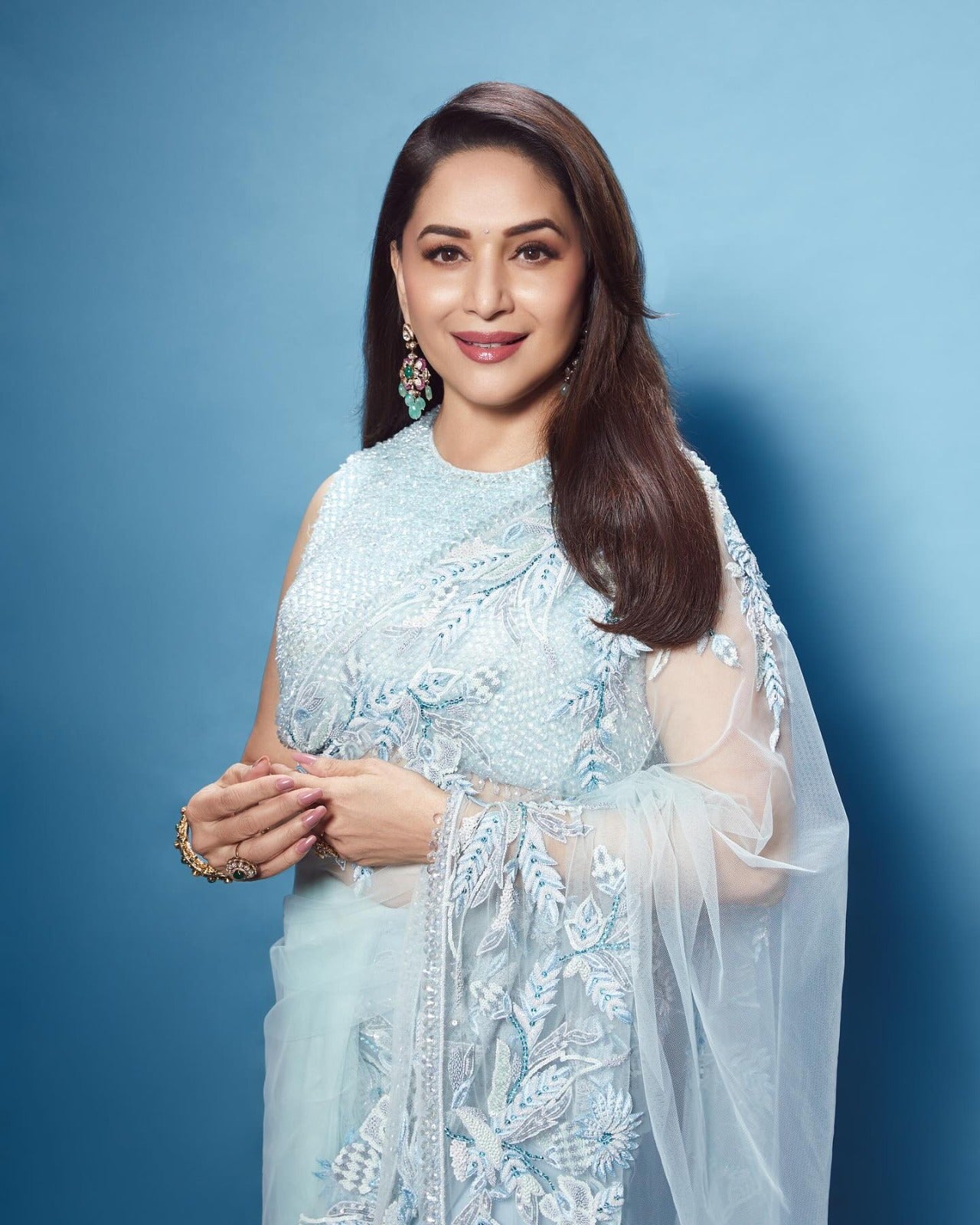 Madhuri Dixit Bollywood Inspired Sequins Butterfly Mono Net Saree - Sky blue - Yashodhara Lifestyle