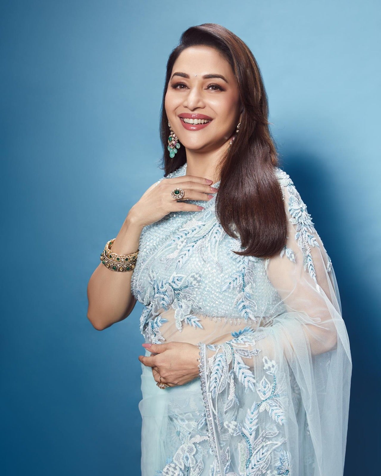 Madhuri Dixit Bollywood Inspired Sequins Butterfly Mono Net Saree - Sky blue - Yashodhara Lifestyle