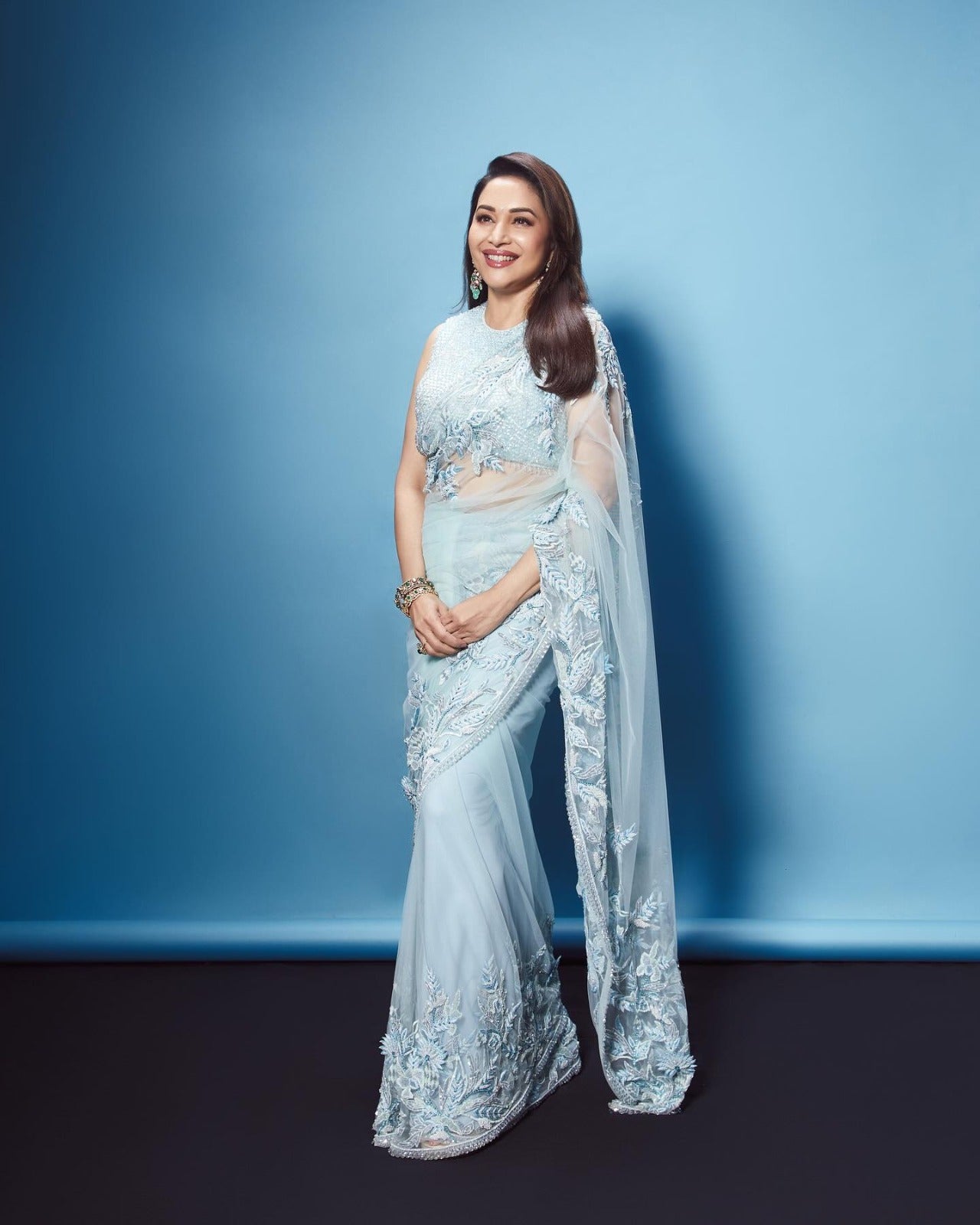 Madhuri Dixit Bollywood Inspired Sequins Butterfly Mono Net Saree - Sky blue - Yashodhara Lifestyle