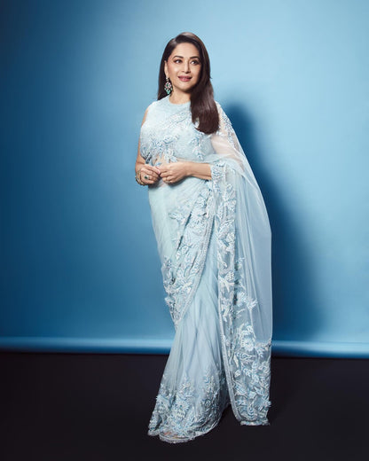 Madhuri Dixit Bollywood Inspired Sequins Butterfly Mono Net Saree - Sky blue - Yashodhara Lifestyle