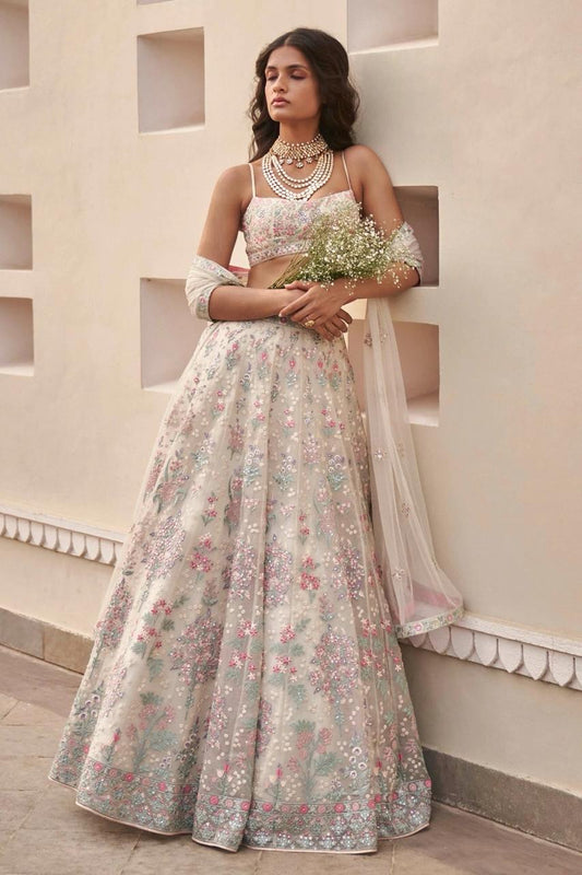 Off White Designer Wedding Lehenga With Stitched Blouse - Yashodhara Lifestyle