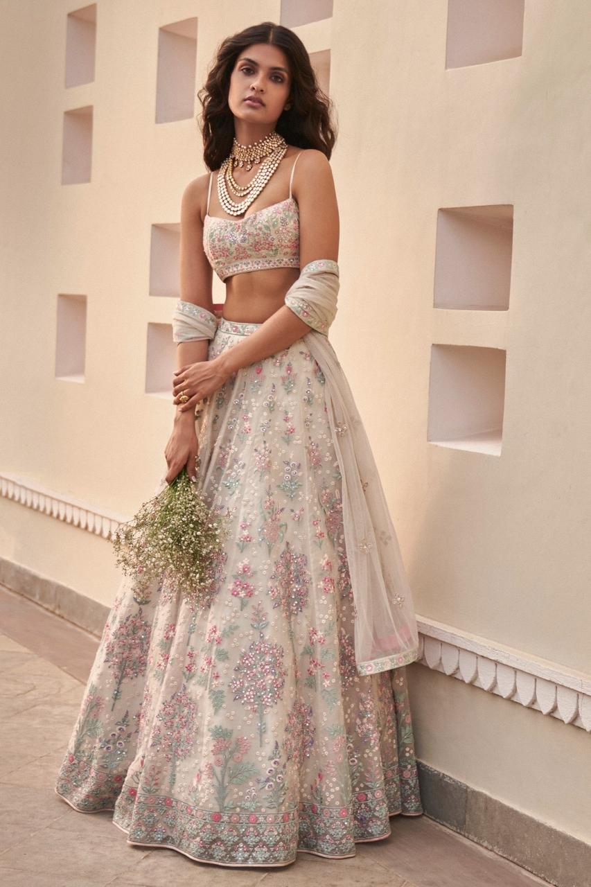 Off White Designer Wedding Lehenga With Stitched Blouse - Yashodhara Lifestyle