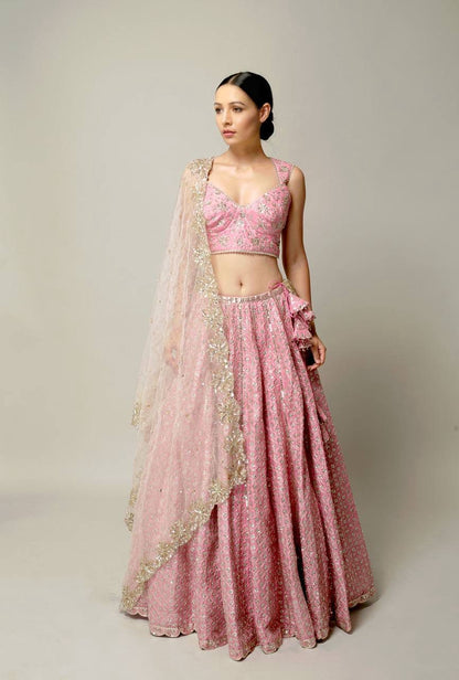 Peach colour satin silk lehenga with sequin work - Yashodhara Lifestyle