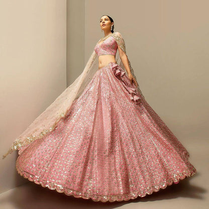 Peach colour satin silk lehenga with sequin work - Yashodhara Lifestyle