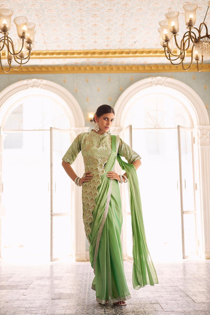 Premium Ready-to-Wear Chinon Drape Saree with Embroidered Stitched Blouse - Green - Yashodhara Lifestyle