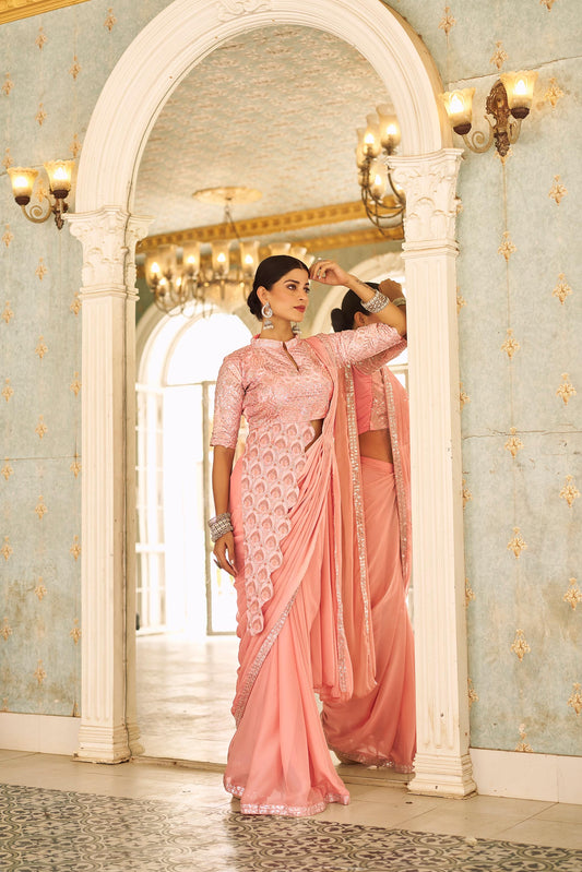 Premium Ready-to-Wear Chinon Drape Saree with Embroidered Stitched Blouse - peach - Yashodhara Lifestyle