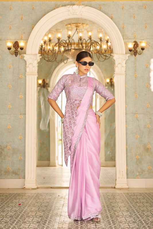 Premium Ready-to-Wear Chinon Drape Saree with Embroidered Stitched Blouse - pink - Yashodhara Lifestyle
