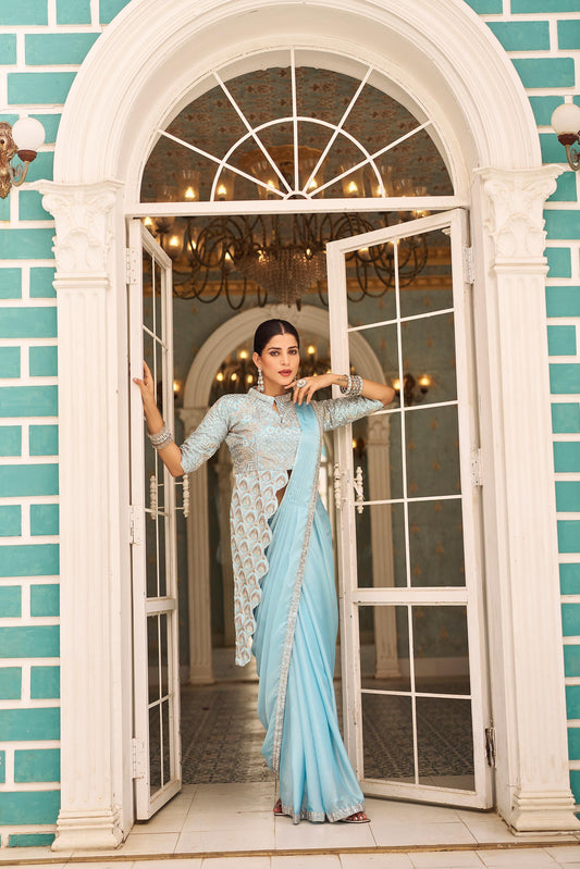 Premium Ready-to-Wear Chinon Drape Saree with Embroidered Stitched Blouse - skyblue - Yashodhara Lifestyle