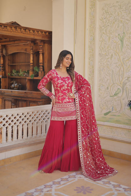 Premium designer red top sharara set - Yashodhara Lifestyle