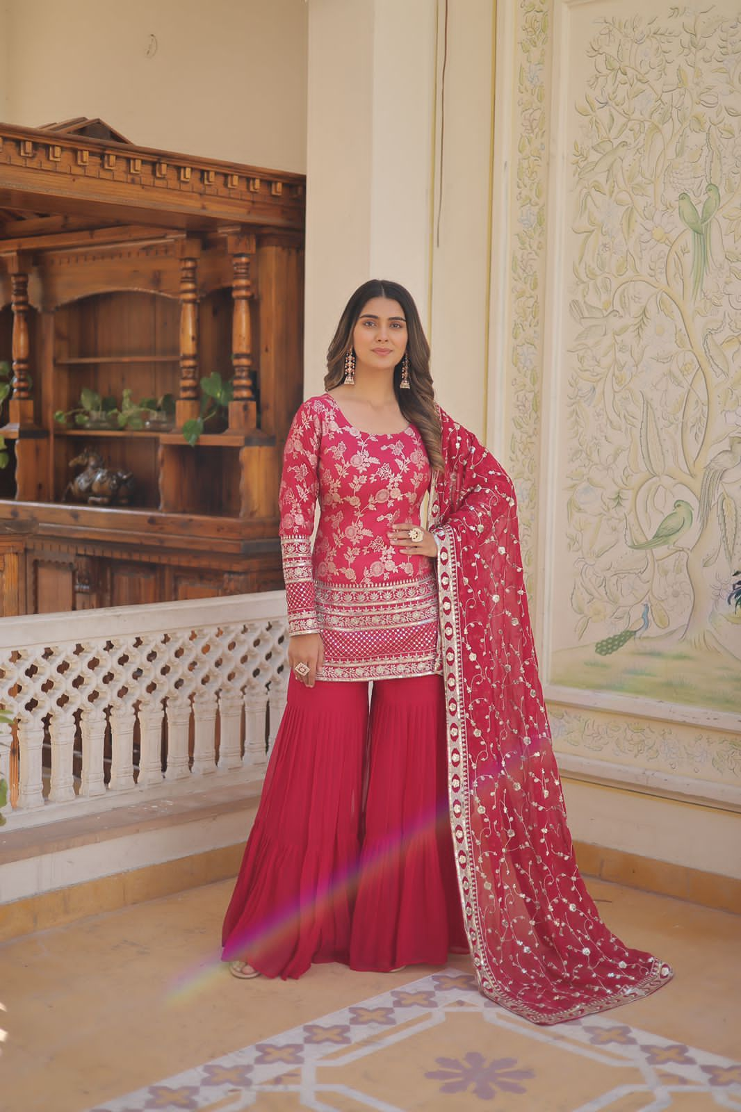 Premium designer red top sharara set - Yashodhara Lifestyle