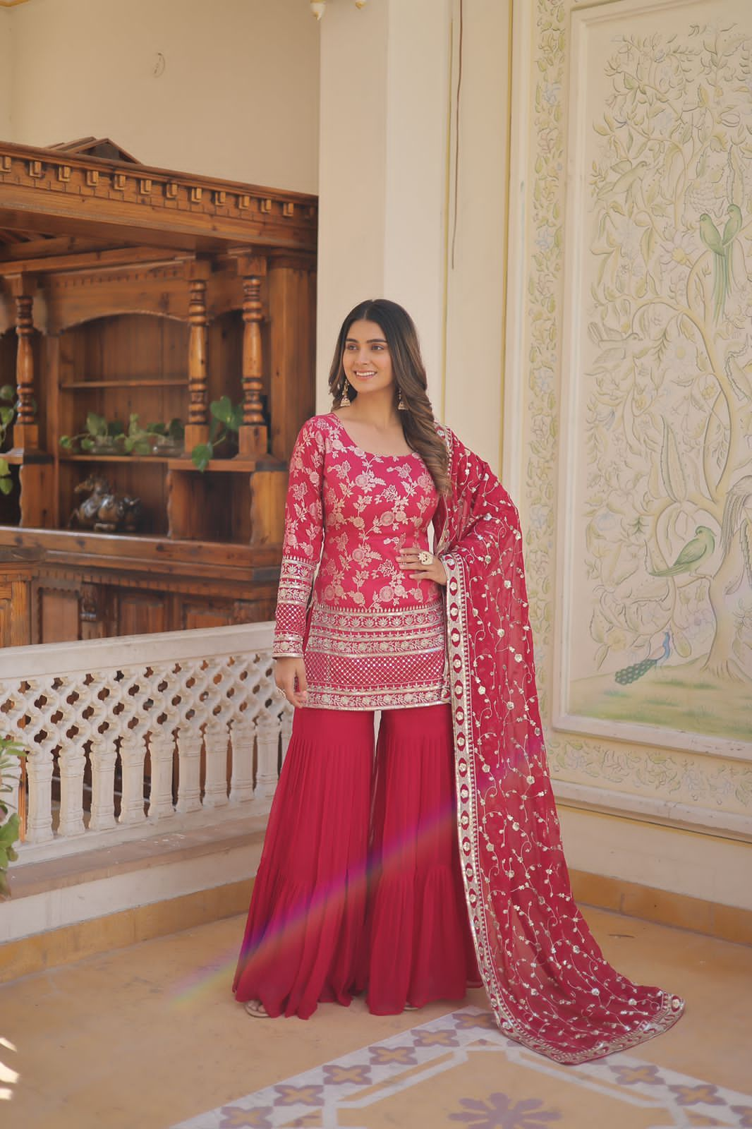 Premium designer red top sharara set - Yashodhara Lifestyle