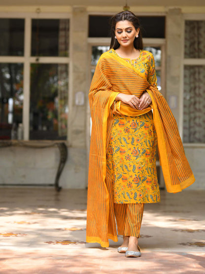 Pure Cotton Handblock Printed Yellow Suit Set - Yashodhara Lifestyle