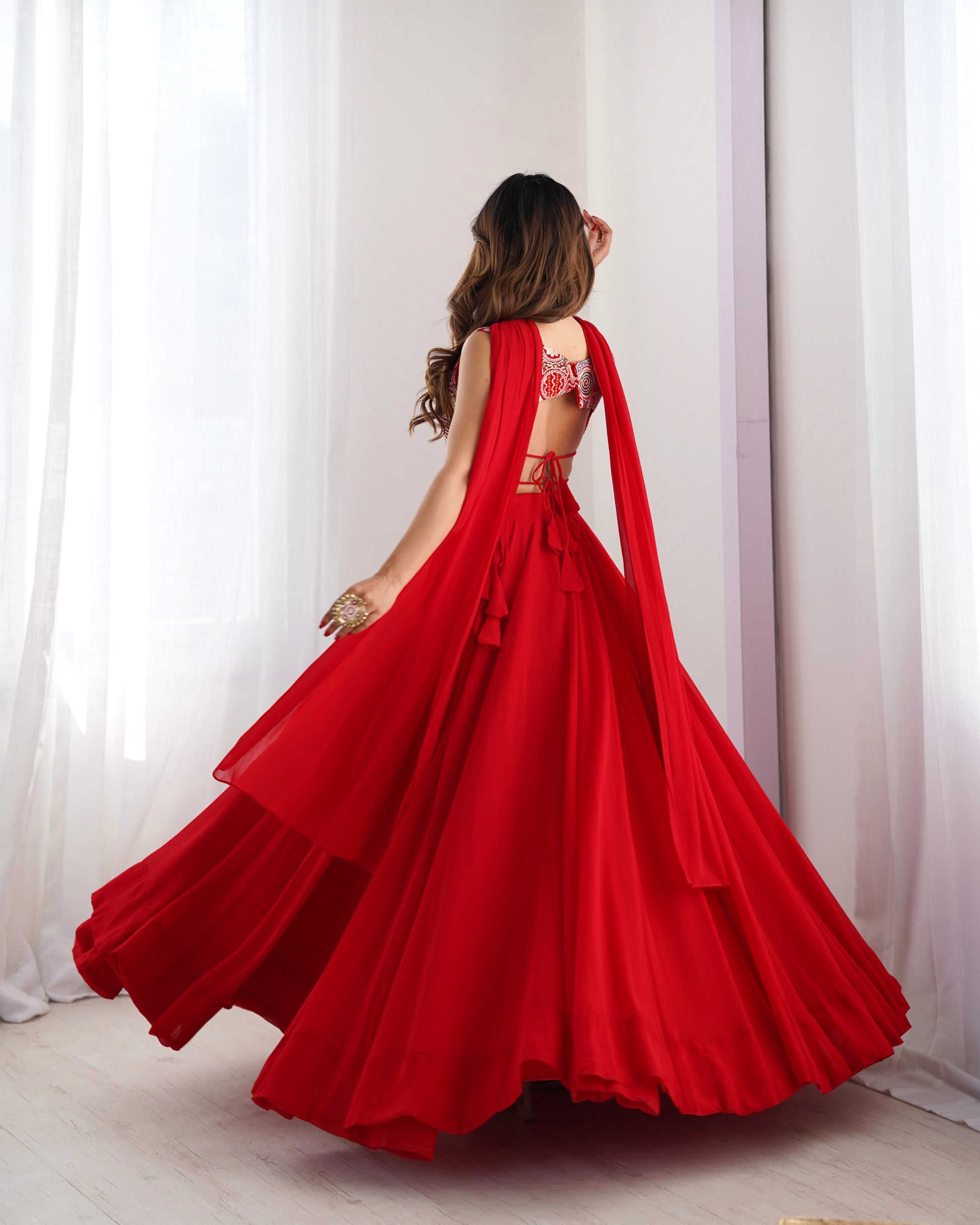 Pure Soft Fox Georgette Lehenga Choli Set Red - Yashodhara Lifestyle