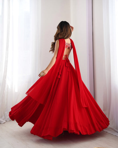 Pure Soft Fox Georgette Lehenga Choli Set Red - Yashodhara Lifestyle
