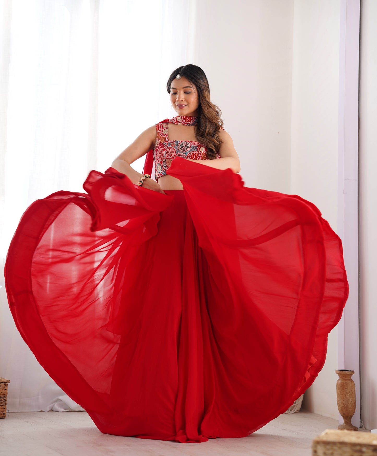 Pure Soft Fox Georgette Lehenga Choli Set Red - Yashodhara Lifestyle