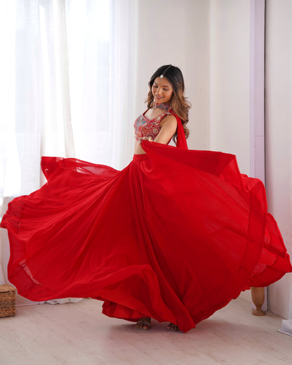 Pure Soft Fox Georgette Lehenga Choli Set Red - Yashodhara Lifestyle