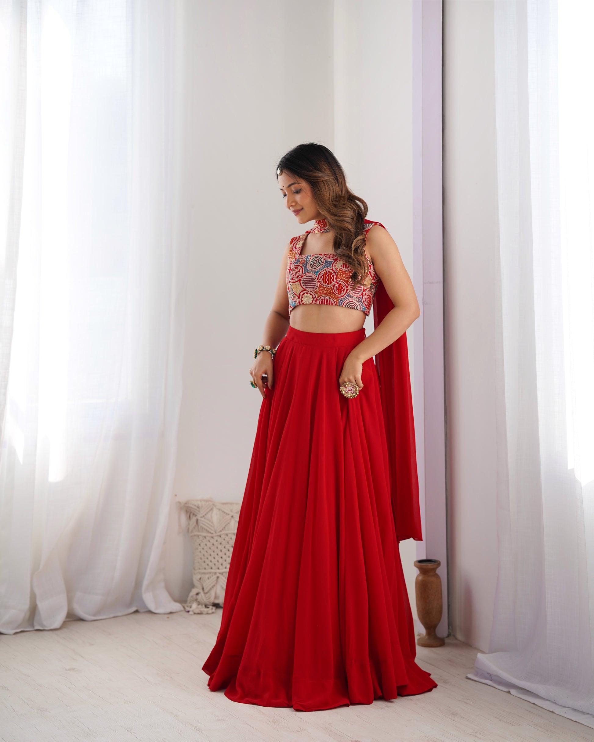 Pure Soft Fox Georgette Lehenga Choli Set Red - Yashodhara Lifestyle