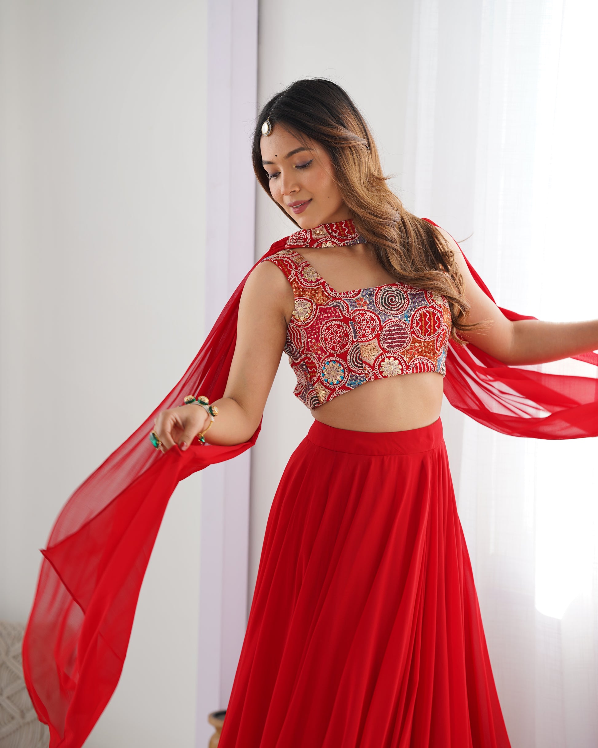 Pure Soft Fox Georgette Lehenga Choli Set Red - Yashodhara Lifestyle