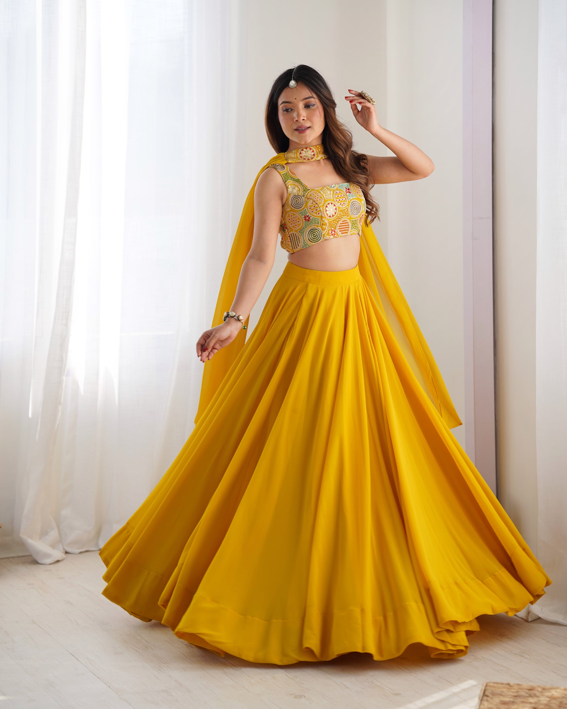 Pure Soft Fox Georgette Lehenga Choli Set Yellow - Yashodhara Lifestyle