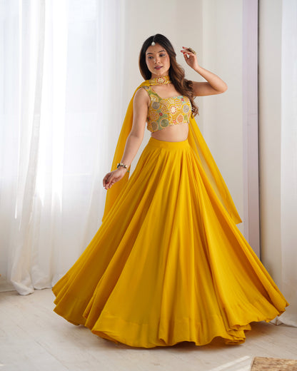 Pure Soft Fox Georgette Lehenga Choli Set Yellow - Yashodhara Lifestyle