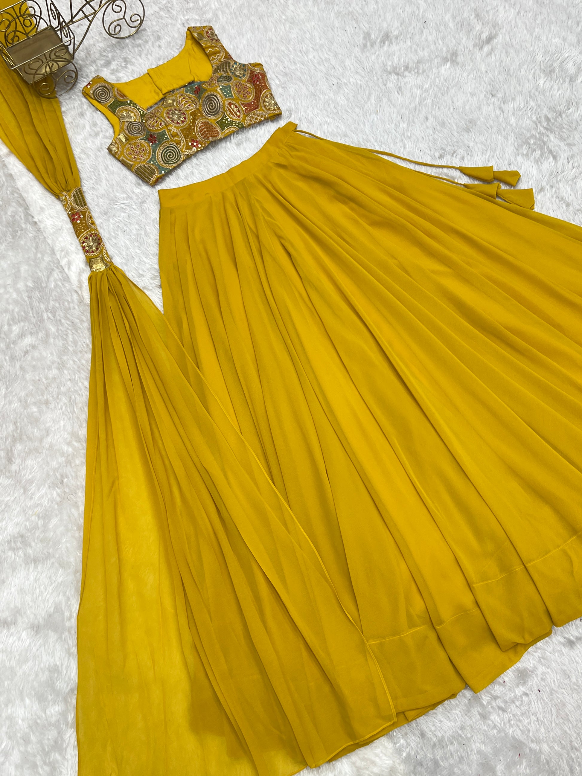 Pure Soft Fox Georgette Lehenga Choli Set Yellow - Yashodhara Lifestyle