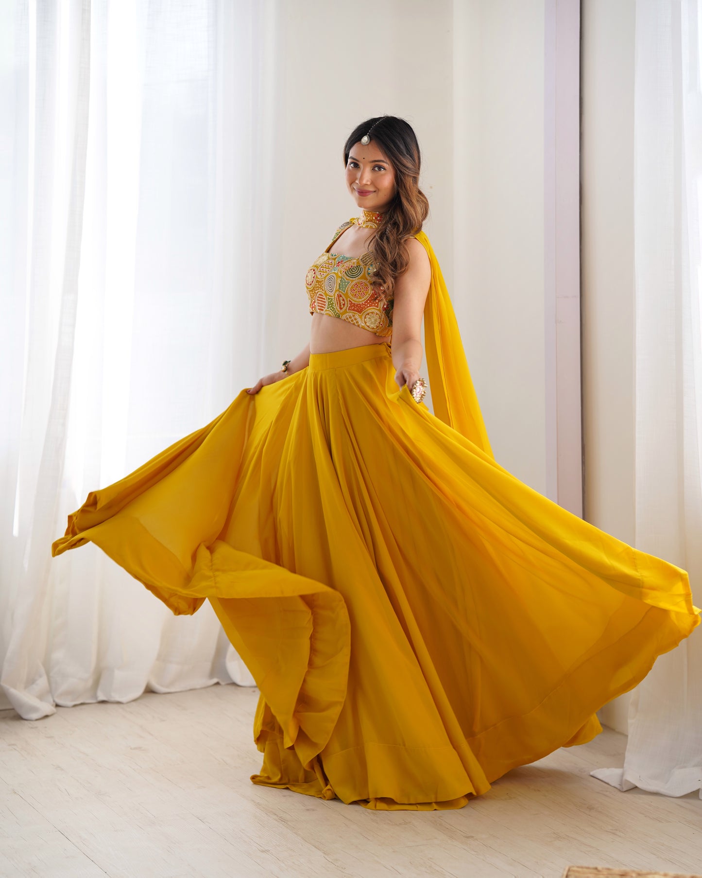 Pure Soft Fox Georgette Lehenga Choli Set Yellow - Yashodhara Lifestyle