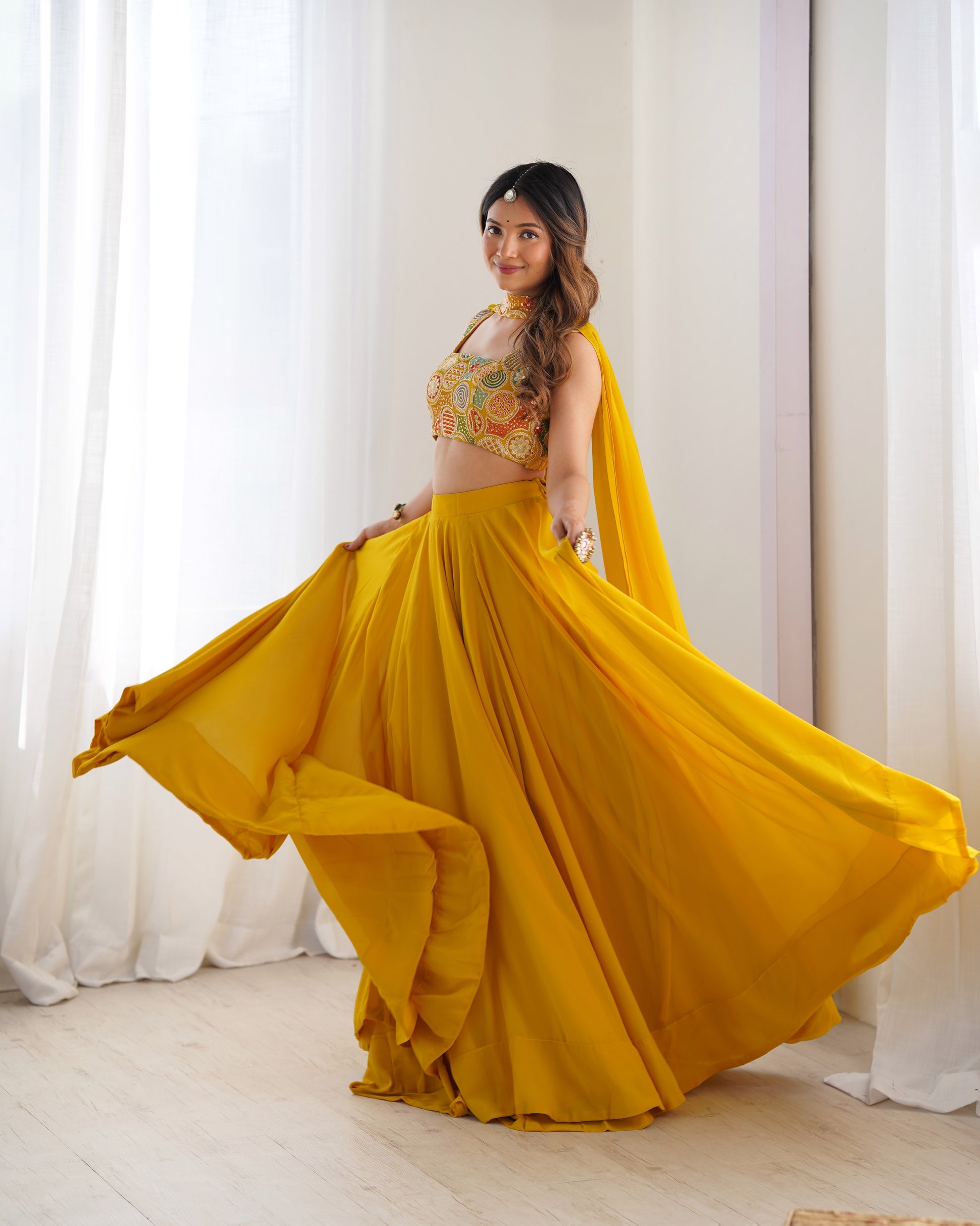Pure Soft Fox Georgette Lehenga Choli Set Yellow - Yashodhara Lifestyle