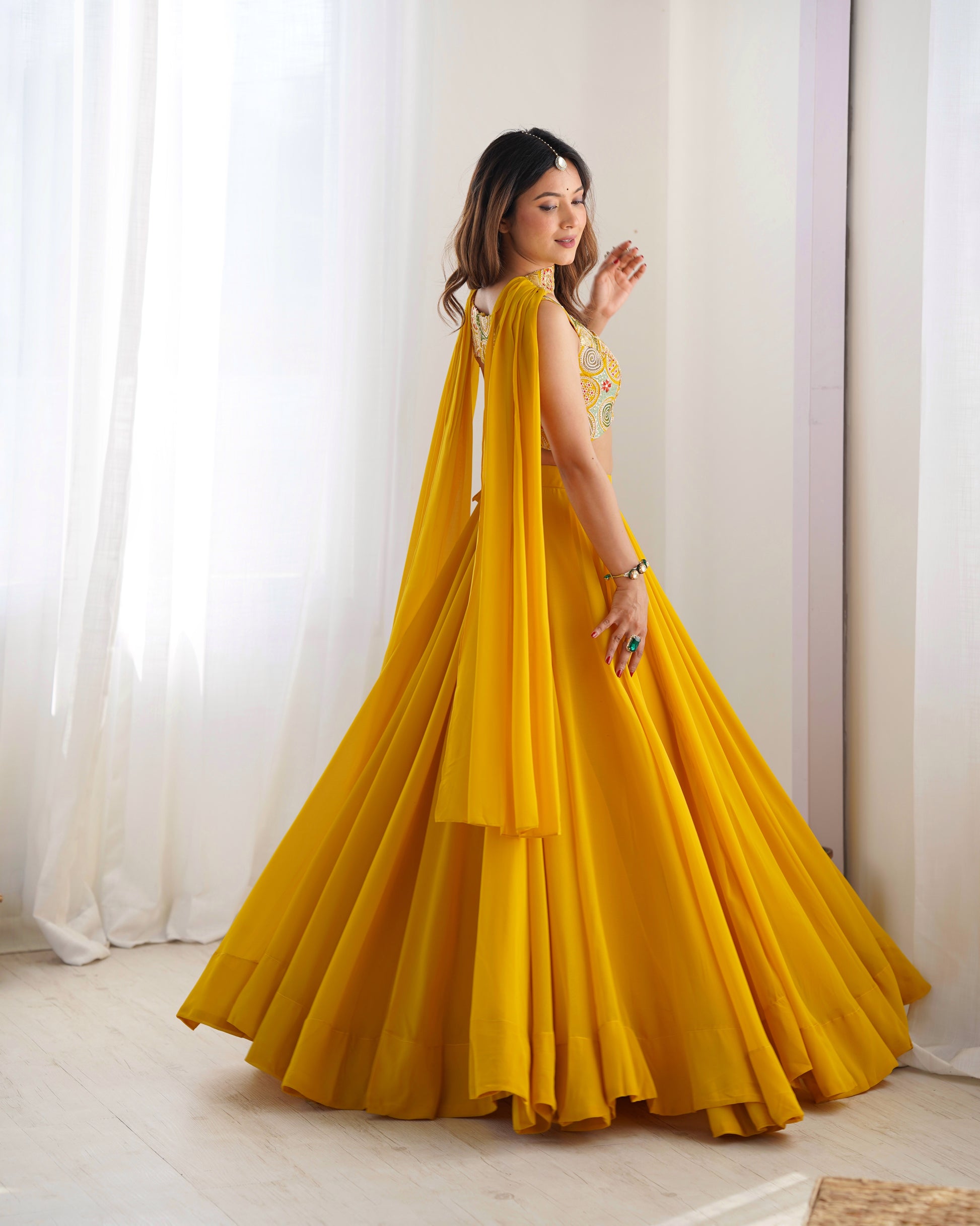 Pure Soft Fox Georgette Lehenga Choli Set Yellow - Yashodhara Lifestyle