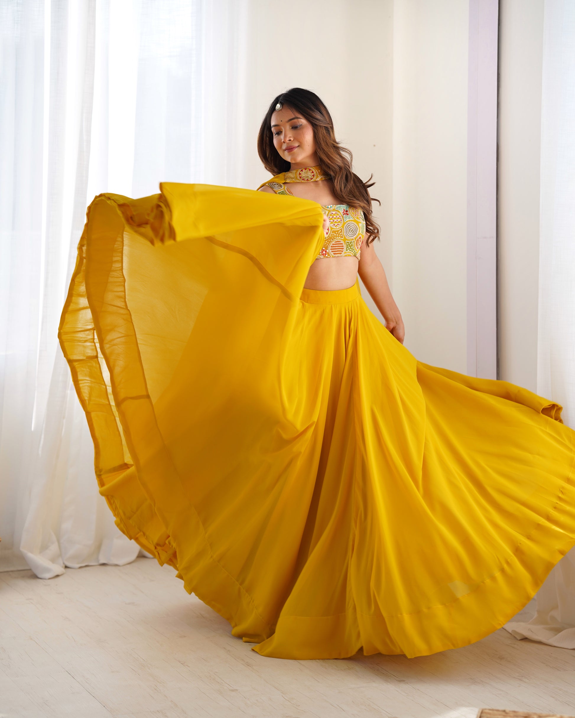 Pure Soft Fox Georgette Lehenga Choli Set Yellow - Yashodhara Lifestyle