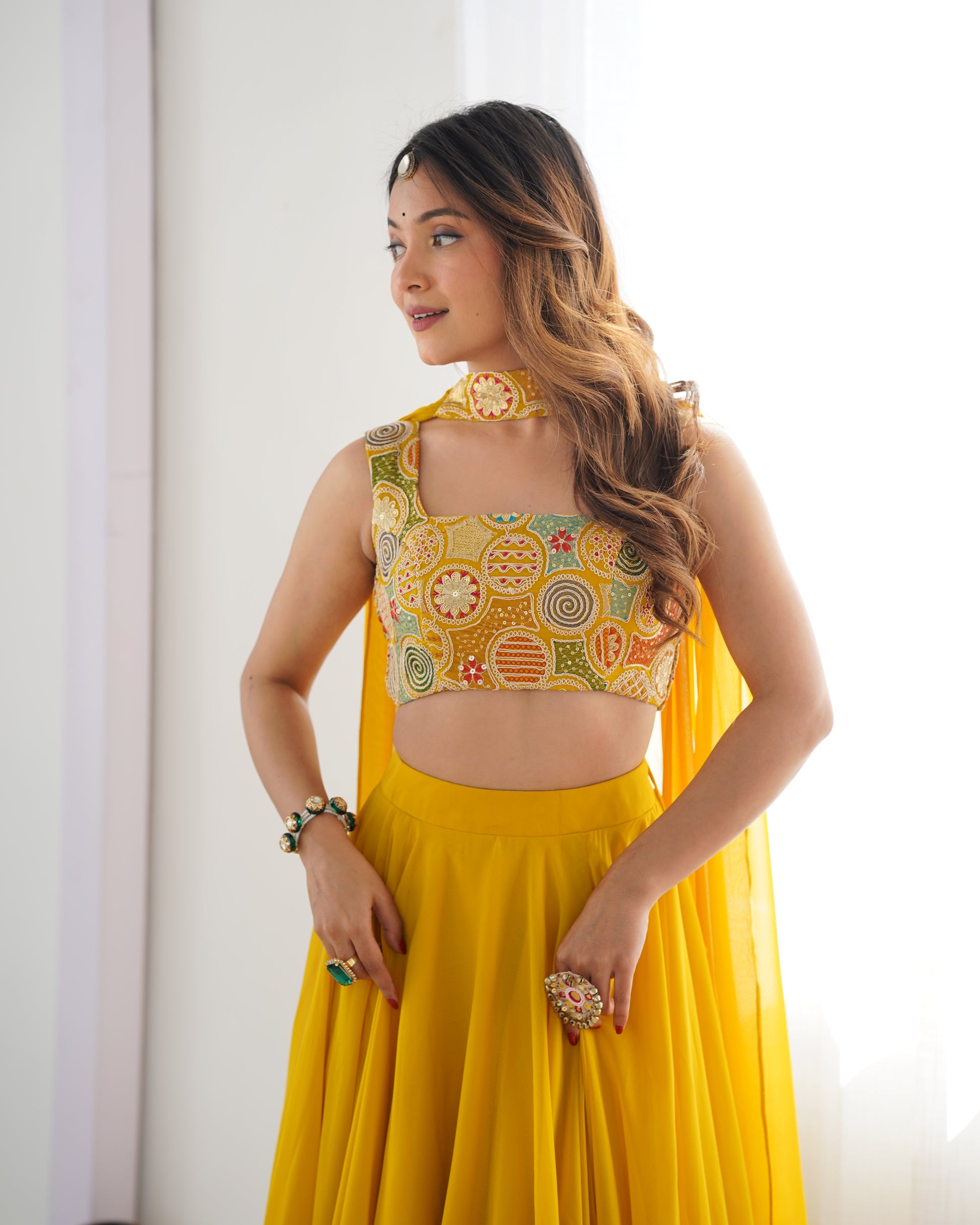 Pure Soft Fox Georgette Lehenga Choli Set Yellow - Yashodhara Lifestyle