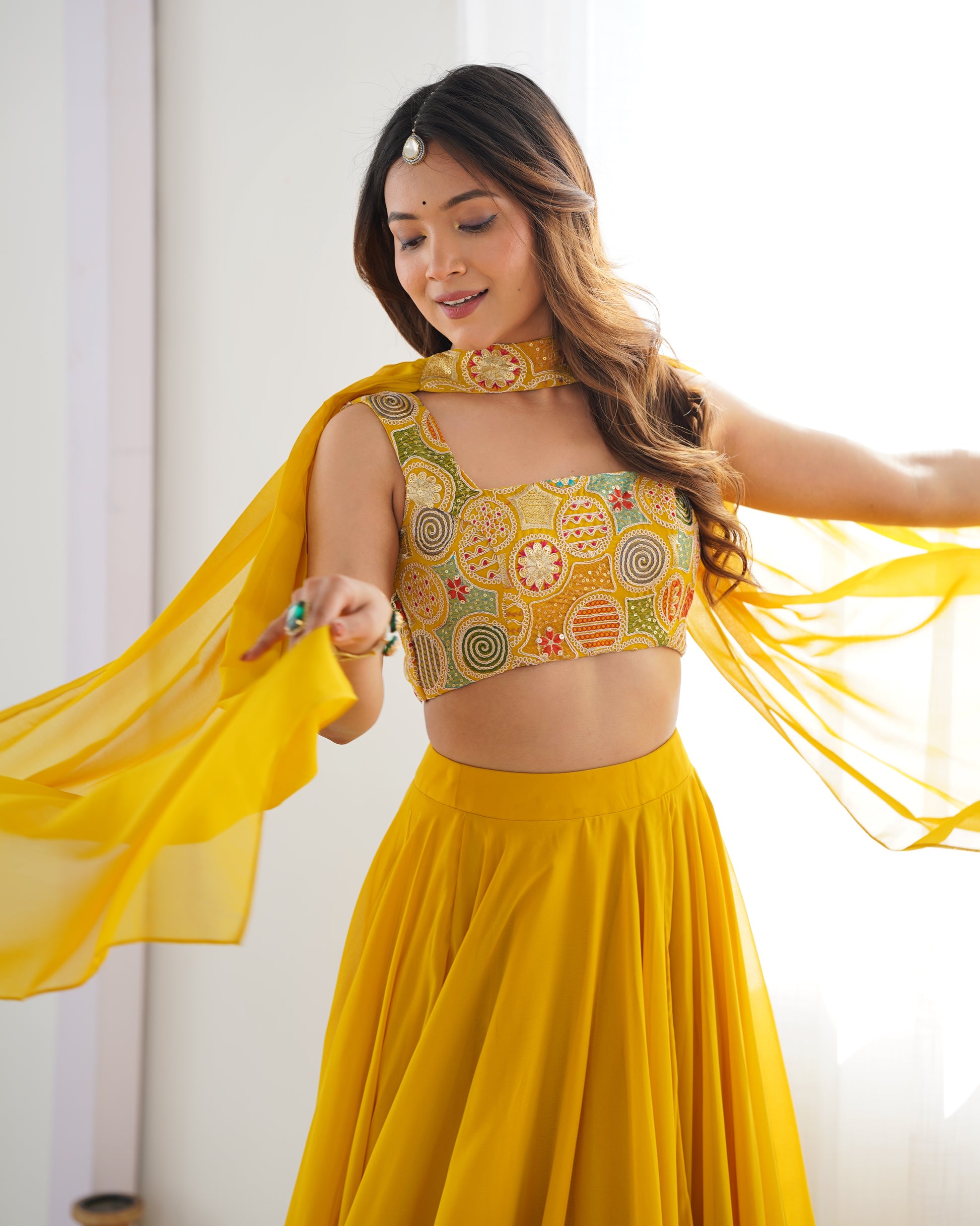 Pure Soft Fox Georgette Lehenga Choli Set Yellow - Yashodhara Lifestyle