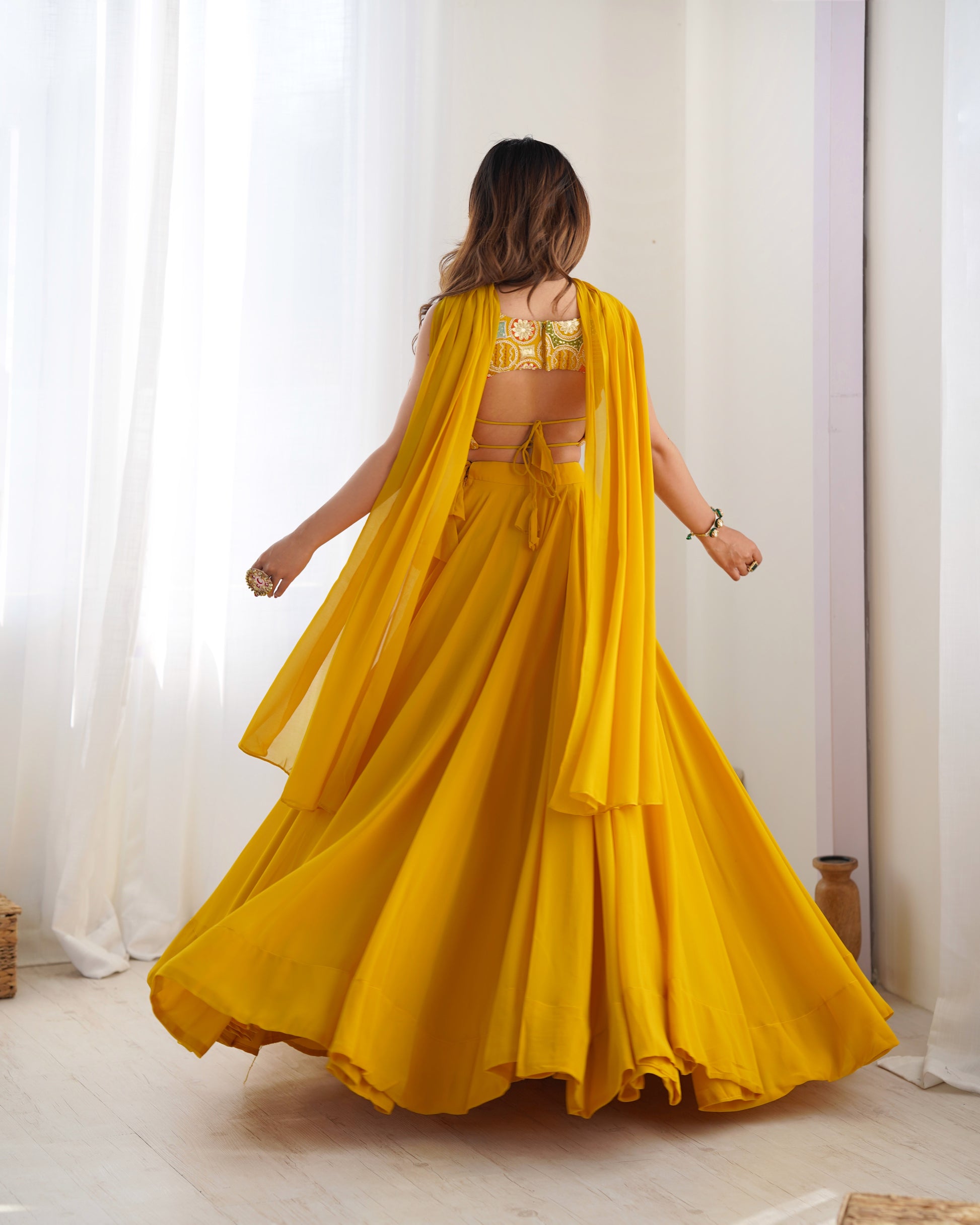 Pure Soft Fox Georgette Lehenga Choli Set Yellow - Yashodhara Lifestyle