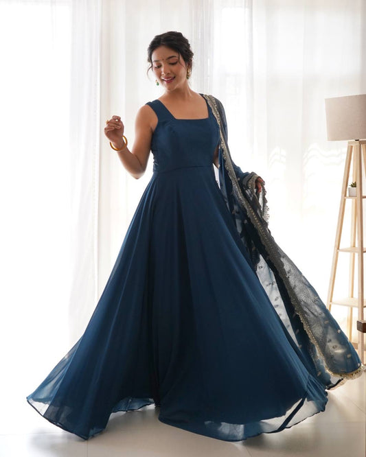 Pure soft fox Georgette full flair blue gown with fancy embroidery - Yashodhara Lifestyle