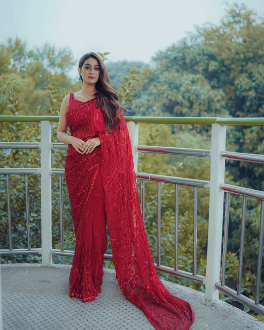 Red Georgette Sequins Saree With Stitched Silk Blouse - Yashodhara Lifestyle