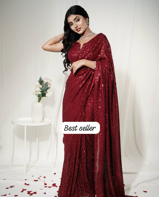 Red Sequins Georgette Saree With Stitched Blouse - Yashodhara Lifestyle