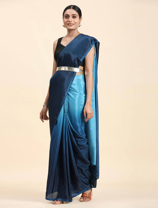 Soft Chinon blue padding saree with golden belt - Yashodhara Lifestyle