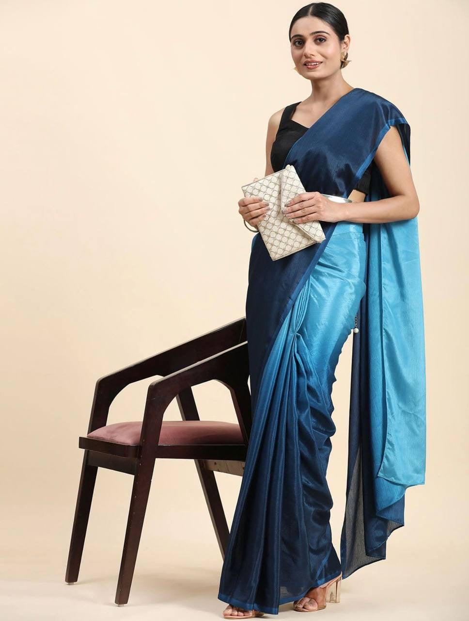 Soft Chinon blue padding saree with golden belt - Yashodhara Lifestyle