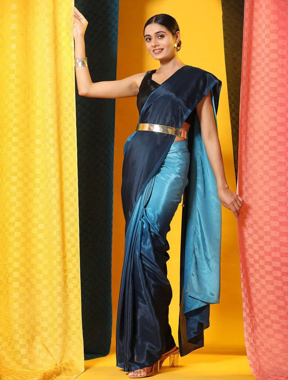 Soft Chinon blue padding saree with golden belt - Yashodhara Lifestyle