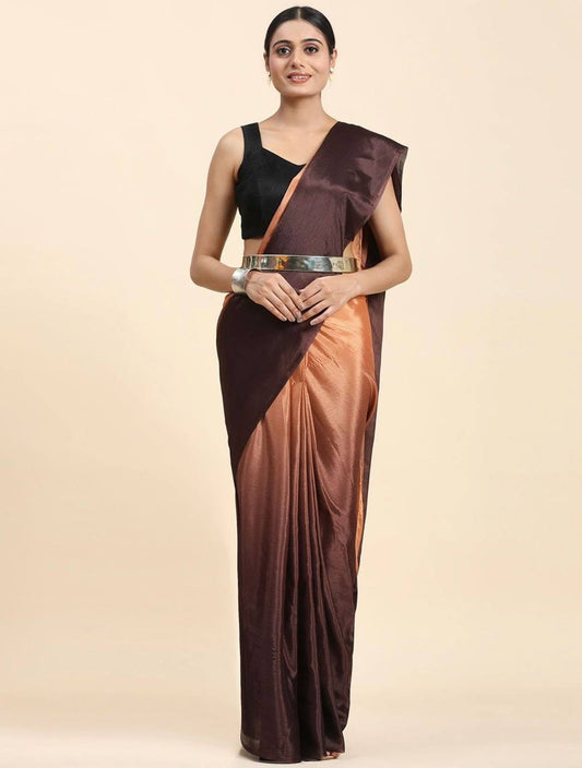 Soft Chinon brown padding readytowear saree with golden belt - Yashodhara Lifestyle