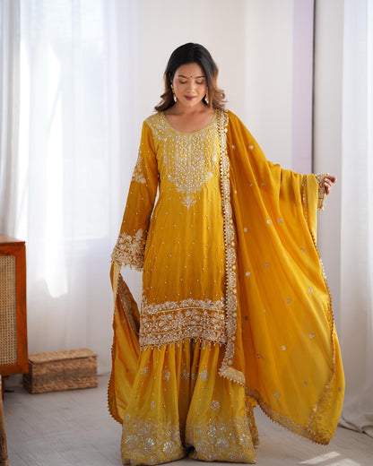 Stunning Mustard Chinon Silk Sharara Set - Yashodhara Lifestyle