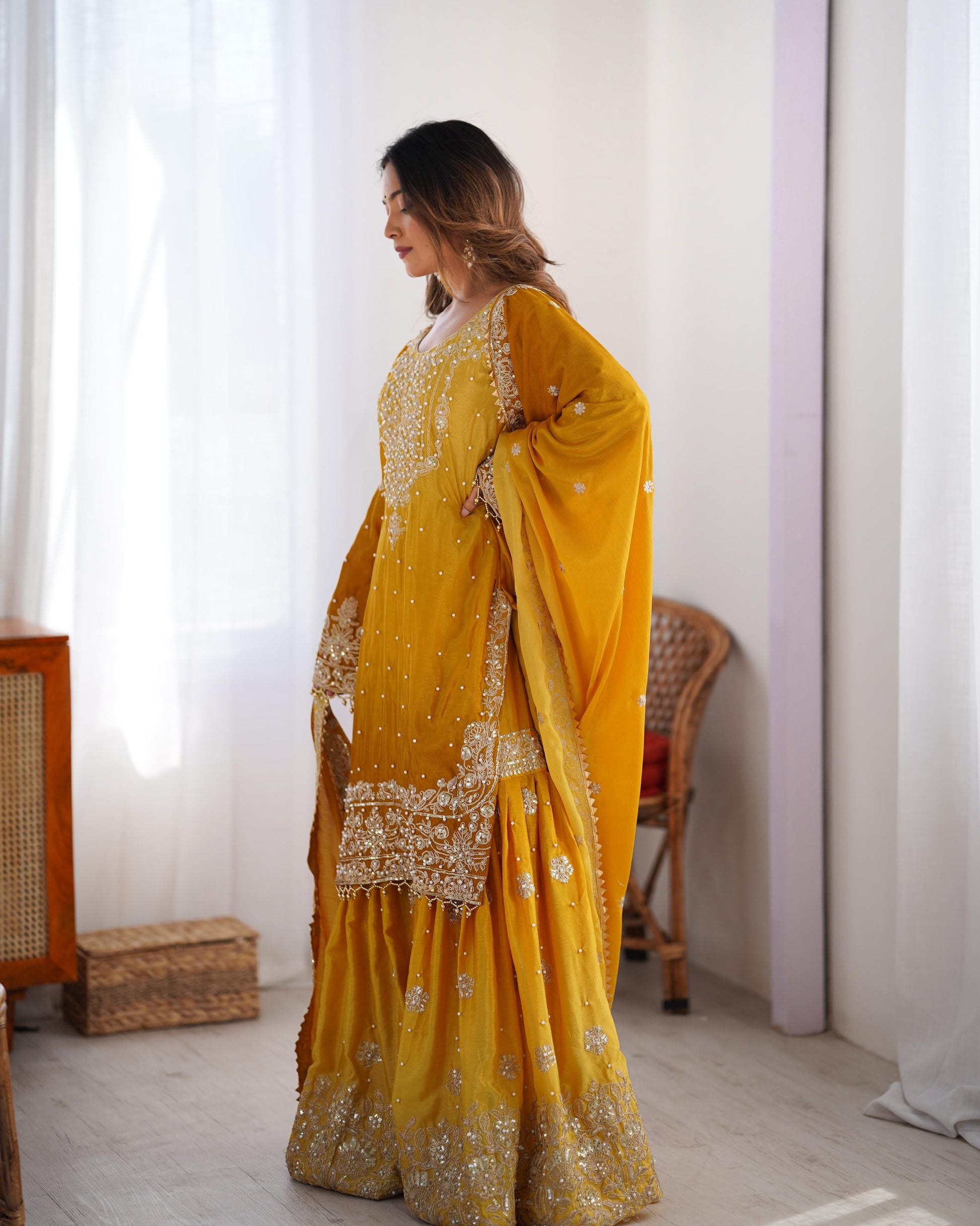 Stunning Mustard Chinon Silk Sharara Set - Yashodhara Lifestyle