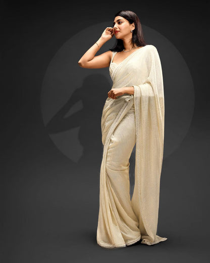 White Bollywood Sequence Saree with Embroidered Work - Yashodhara Lifestyle