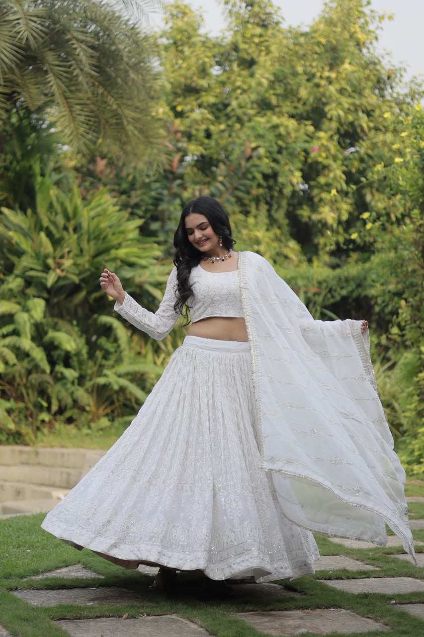 White Traditional Sequins Lehenga Choli Dupatta Full Stitched - Yashodhara Lifestyle