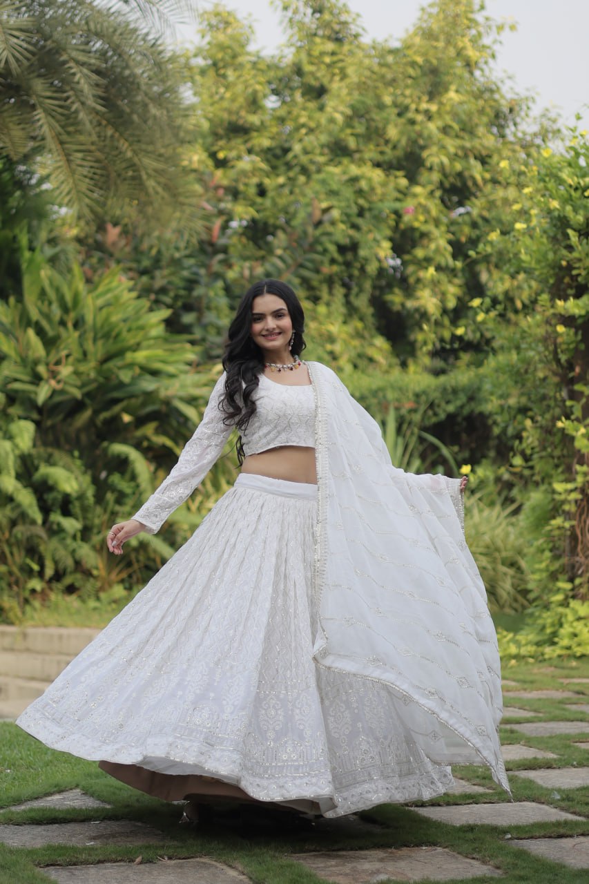 White Traditional Sequins Lehenga Choli Dupatta Full Stitched - Yashodhara Lifestyle