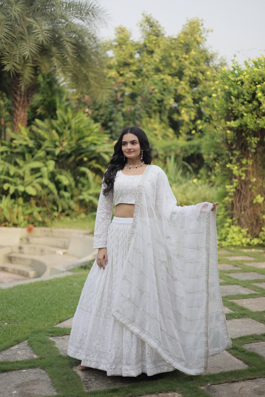 White Traditional Sequins Lehenga Choli Dupatta Full Stitched - Yashodhara Lifestyle