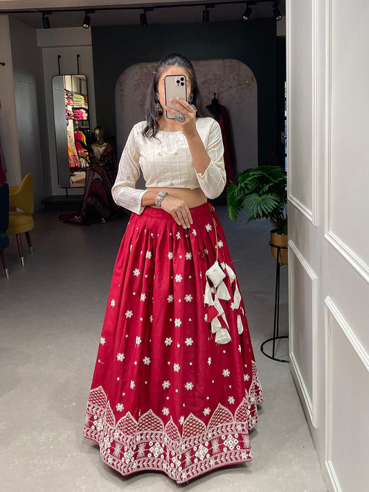 Wine cotton Lehenga with White Stitched Blouse - Yashodhara Lifestyle