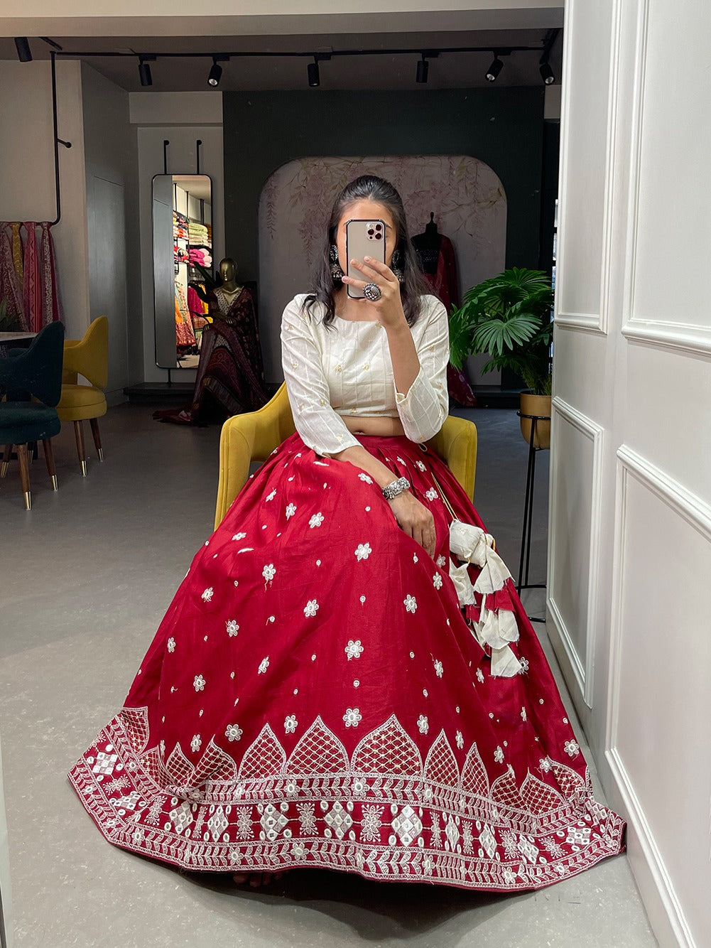 Wine cotton Lehenga with White Stitched Blouse - Yashodhara Lifestyle